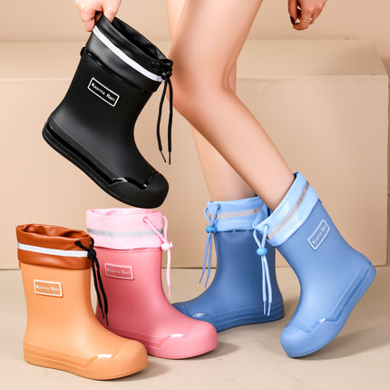 Japanese and Korean Fashion Drawstring Rain Boots for Women, Adventure Outdoor Rainy Season Splash-Proof Water Shoes, Trendy Women's Rubber Shoes
