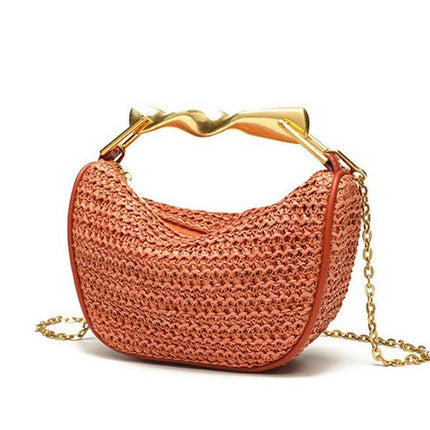 ZA home cross-border metal golden handle mini bag women's 2025 new straw woven bag shoulder slung zipper woven bag