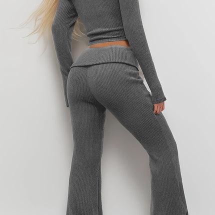 Cross-Border 2-Piece Set for Women, Solid Color Off-Shoulder Long-Sleeve Crop Top and Flared Pants Fashion Set, Spring and Autumn