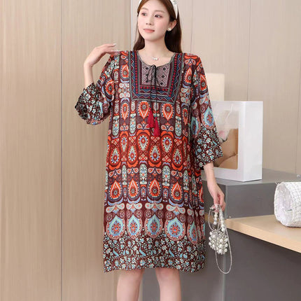 Extra Large Size Ethnic Style Round Neck Three-Quarter Sleeve Dress Loose Embroidered Flower Cotton Silk Travel Beach Skirt for Women