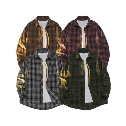 Cross-Border Foreign Trade Men's Long-Sleeved Plaid Shirts, Loose Jackets, Men's and Women's Shirts, Versatile and Handsome Men's Brushed Shirts