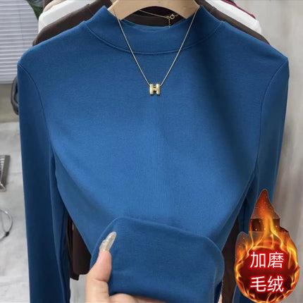 2025 Autumn and Winter New Style Plus Brushed Inner Small Stand-Up Collar Pure Color Simple Versatile Slimming Look Half Turtleneck Bottoming T-Shirt for Women