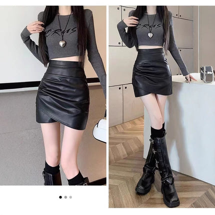 Black pu leather skirt skirt women's autumn and winter 2025 new high waist slimming irregular pleated hip skirt
