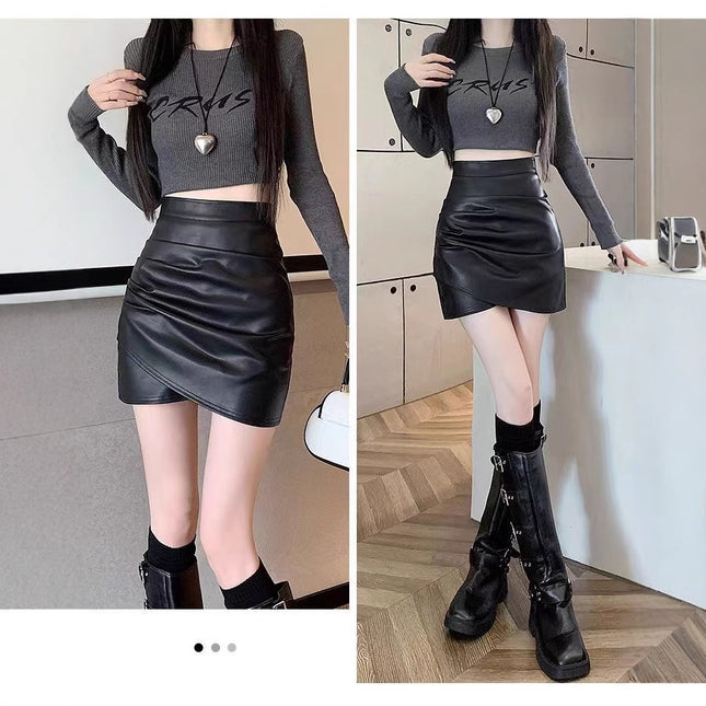 Black pu leather skirt skirt women's autumn and winter 2025 new high waist slimming irregular pleated hip skirt