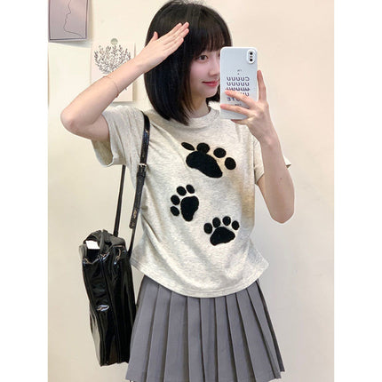 Flocked Cartoon Cat Paw Short-Sleeve T-Shirt for Petite Women, Sweet Girl Style, Height-Enhancing, Slim-Fit, Regular Shoulder, 2026 Summer New Model