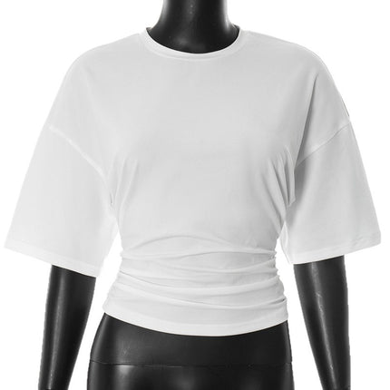 Ins Style Cross-Border New Women's Clothing Pure Color Round Neck Exposed Navel Pleated Casual Street Vacation Sexy Slimming Look Top for Women