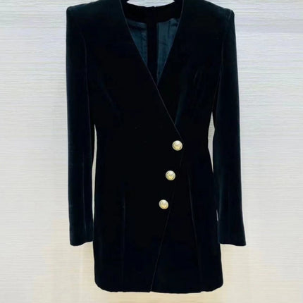 Foreign trade cross-border European and American stars same Style B lion buckle black velvet V-neck long sleeve dress coat socialite suit skirt