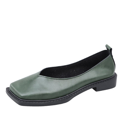 2024 Summer Daily Round Toe Spot Green Sgs Cowhide Thick Heel Pure Color Low-Top Viscose Shoes Leather Shoes