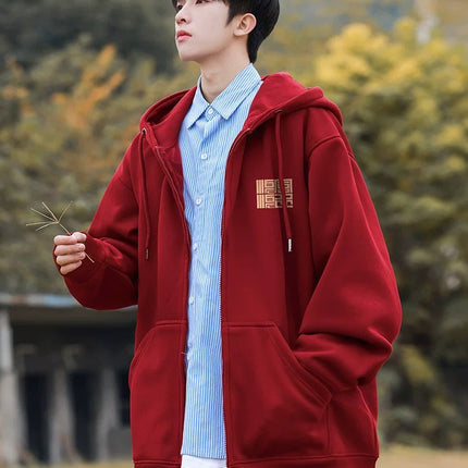 2024 New Hoodie Hong Kong-style Loose Simple Hooded Hoodie Cardigan Men's and Women's Fashionable Handsome All-match