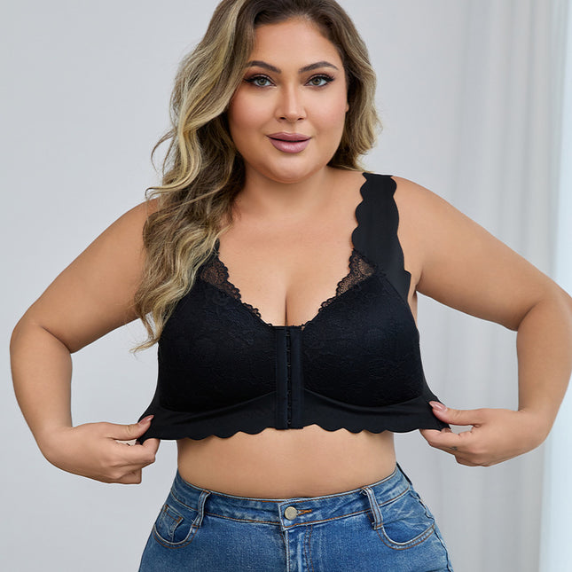 Cross-Border Front Buckle Large Size Lace Sexy Bra Push-Up Underwear Adjustable Wire-Free European and American Thin Bra for Women