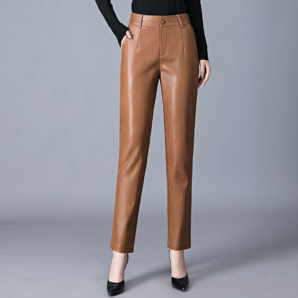 2025 Autumn/Winter New Women's Leather Pants Mid-Waist Outerwear Trousers Slim Fit Sheepskin Leggings
