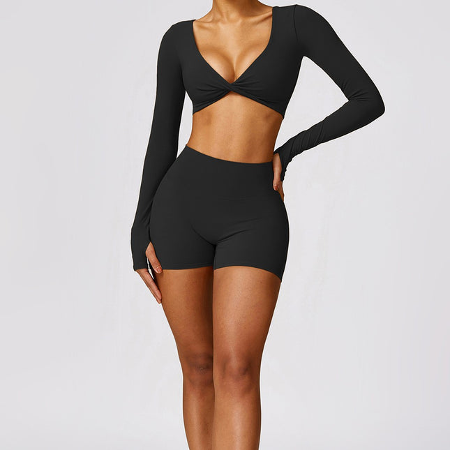 suit European and American Cross Yoga Clothes Top Women's Long Sleeve V-Neck with Chest Mat Fitness Clothes Tight Pilates Training Clothes