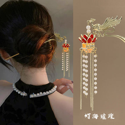Antique Tassel Hairpin Luminous Lantern Hairpin Metal Phoenix Palace Fairy Style Headwear Daily All-match Hair Accessories for Women