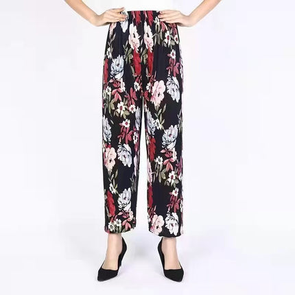 Foreign Trade Plus Size Middle-aged and Elderly Summer Thin Breathable Nine-point Flower Pants Mom Pants Ice Silk Loose Straight Pants