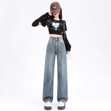 American-Style Wide-Leg Jeans for Women, 2025 New Summer Thin Retro High-Waisted Loose Straight Wrinkled Floor-Length Pants