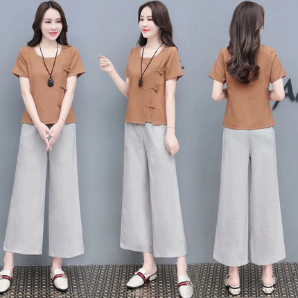 2022 Imitation Cotton and Linen Set Women's New Summer Artistic Retro Casual Fashion Western Style Linen Wide Leg Pants Set Trendy
