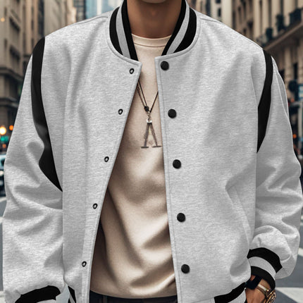 2025 Cross-Border Temu Popular European and American Men's Jacket Fashion Solid Color Brushed Fabric Cardigan Patchwork Button Baseball Jacket