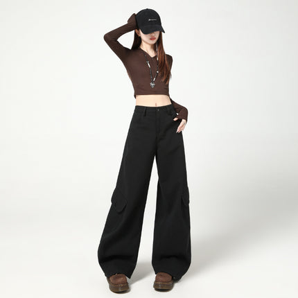 Army Green Silhouette Scimitar Workwear Casual Pants for Women, New Autumn American High Street Loose Drape Wide-Leg Floor-Length Pants