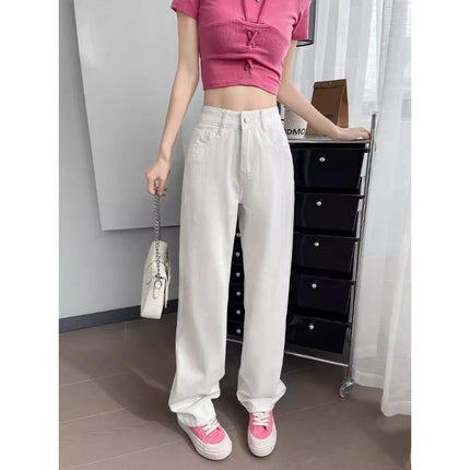 White Wide-Leg Jeans Women's Fashionable All-Match High Waist Slimming Loose plus size chubby girl Narrow Style Straight Pants
