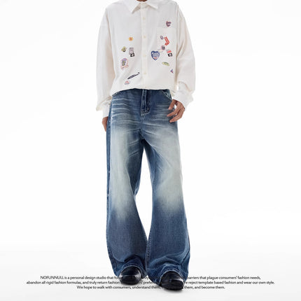 Jiamu American-Style King of Cattle Selvedge Denim Hand-Rubbed Cat Whisker Washed Jeans Men's Loose Draped A-Line Trousers