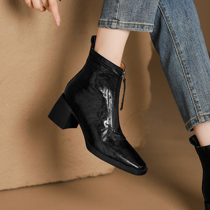 Spring and Autumn Single Boots 2024 Autumn New Women's Boots Thick Heel High Heel Fashion Boots Retro Square Head Front Zipper Ankle Boots