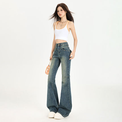 2026 Spring New Stretchy Retro Color American Style High-Waisted Slimming Hot Girl Design Multi-Studded Slim Fit Flare Pants