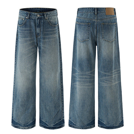 Jiamu American-Style King of Cattle Selvedge Denim Hand-Rubbed Cat Whisker Washed Jeans Men's Loose Draped A-Line Trousers