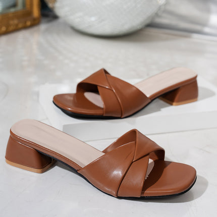 Square Heel Slippers Women's 2024 Summer New Leather Cross Thick Heel Open Toe plus size Sandals for Women