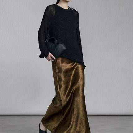 100% Gold-plated Satin Skirt Women's Tortoise Crack Rose Flower Dark Bottom Xiangyun Gauze Triacetate Hip Fishtail Skirt