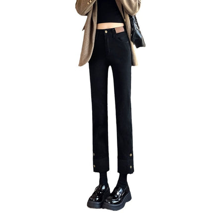 Black straight jeans women's autumn and winter 2023 new high waist European small curling narrow pipe pants