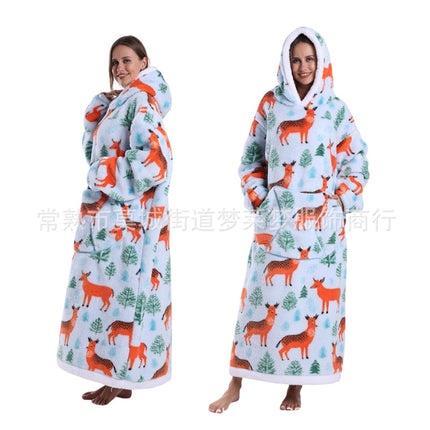 Amazon Autumn and Winter Europe and the United States New Lazy Men's and Women's Bathrobe Hoodies Printed Thickened Long Nightgown Coral Fleece