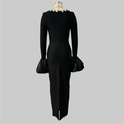 Cross-border European and American Socialite Elegant Nail Drill Horn Sleeve Bandage dress Banquet Party Evening Dress