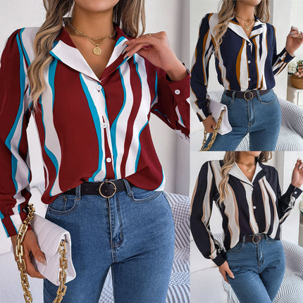 Real Shot of 2026 Spring/Summer European and American Casual Versatile Color-Block Striped Suit Collar Long-Sleeve Shirt for Women, Available on Independent Cross-Border Platforms