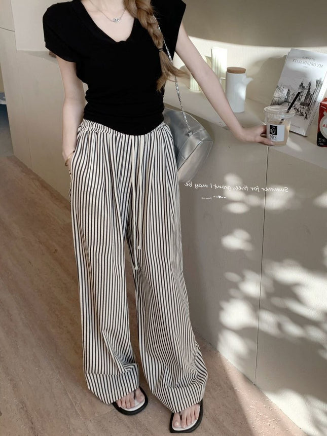 Casual Striped Drapey Women's Pants Versatile Wide-Leg Pants Autumn Trendy Design Floor-Length Pants