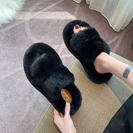 2025 Spring and Autumn New Style Small Platform Thick-Soled Height-Increasing Plush Fluffy Cotton Slippers for Women to Wear Outside and Home