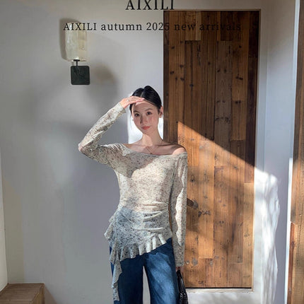 Smudged One-Line Collar Long-Sleeved Lace Asymmetrical T-Shirt for Women Early Autumn New High-End Elegant Slim Long-Sleeved Shirt