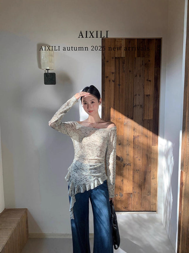 Smudged One-Line Collar Long-Sleeved Lace Asymmetrical T-Shirt for Women Early Autumn New High-End Elegant Slim Long-Sleeved Shirt