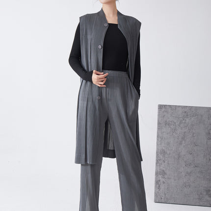 Miyake suit Women's High-end Professional Commuting All-match Mid-length Vest Cardigan Jacket Straight Pants Two-piece Set