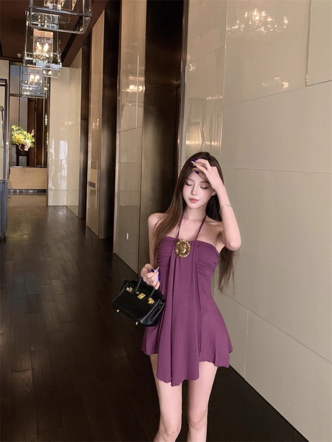 Pure Desire Hot Girl Sleeveless Irregular Dress for Women Summer 2025 New Style Elegant Sexy Waist-Cinching Versatile Halter Dress