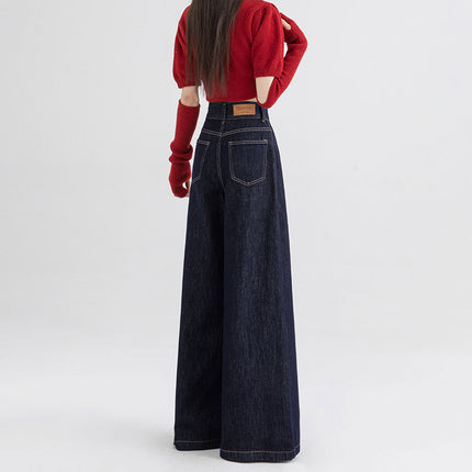 American-style Tannin Blue Wide Leg Jeans Women's 2024 Autumn and Winter New American-style All-match High Waist Loose Mop Pants