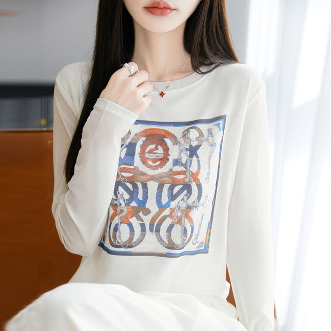 European Station Spring New Rhinestone Printed Tencel Long-Sleeve T-Shirt for Women Casual Fashion White Base Shirt Top Ins