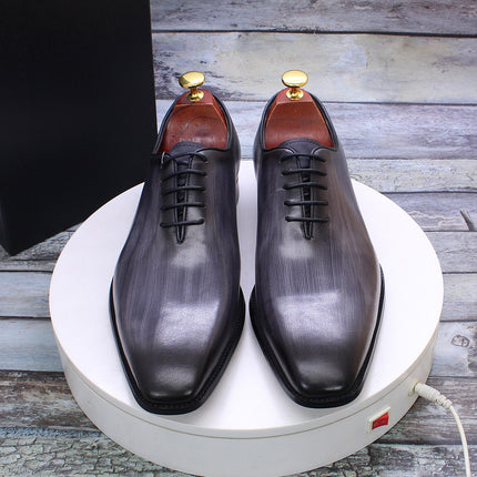 [One-Piece Oxford Shoes - Hand Brushed] Men's Leather Shoes Business Formal British Style Cowhide Men's Shoes Gray