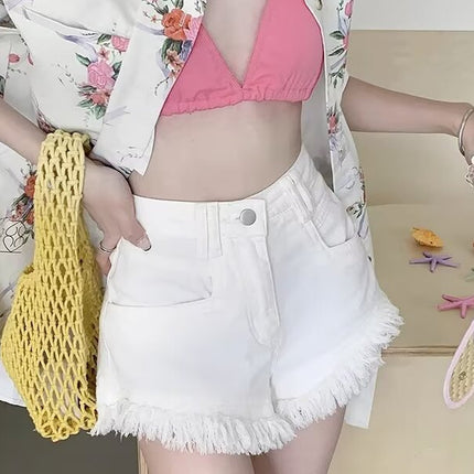 White Korean Style High Waist Fashion Fringe Hot Girl Denim Shorts 2024 Summer Rick Western Style Solid Color Hot Pants