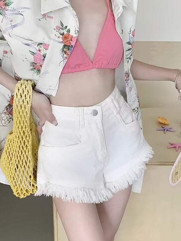 White Korean Style High Waist Fashion Fringe Hot Girl Denim Shorts 2024 Summer Rick Western Style Solid Color Hot Pants