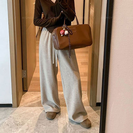 Gray Casual Towel Pants 2025 New Autumn and Winter Women's Velvet Thickeneded Drawstring Lazy and Relaxed Loose Wide-Leg Pants