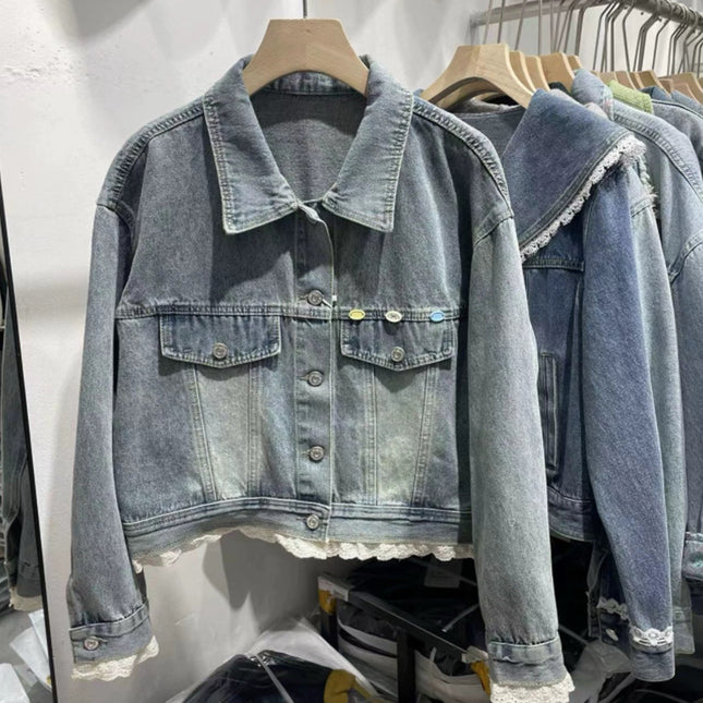 Women's Blue Denim Lace Stitching Short Jacket Korean Retro Lapel Loose Coat S M L XL / Veste Courte Jean Femme Dentelle Style Coréen Retro Col Revers Ample Bleu S M L XL