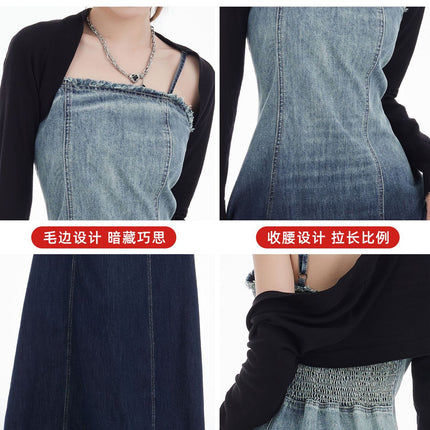 Gradient Denim Suspender Skirt for Women 2026 New Style Elastic Waist Slimming Mid-Length A-Line Skirt with a High-End Feel