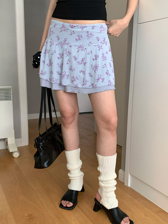 Dorothy Summer New Arrival South Korea Blogger Skirt Mesh Ear Edge Floral Patchwork Low-Waist Mini Skirt