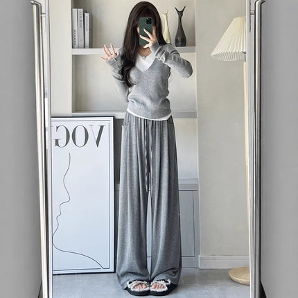 light gray Glutinous Rice Pants Women's 2024 Spring, Autumn and Winter New High Waist Hanging Straight Casual Wide Leg Pants