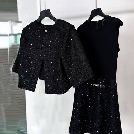 M Home~2025 Spring Sequined French Black Cropped Jacket with Vest Dress Small Fragrant Style Suit Short Style